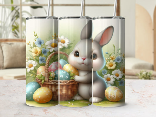 Easter bunny holding basket of colorful eggs with flowers and chicks.