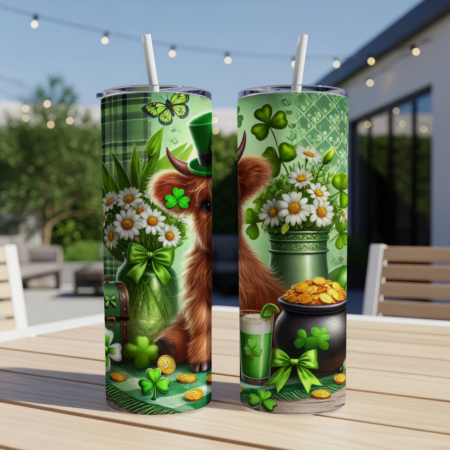 St. Patrick's Day Highland cow design on two tumblers with shamrocks and gold coins.