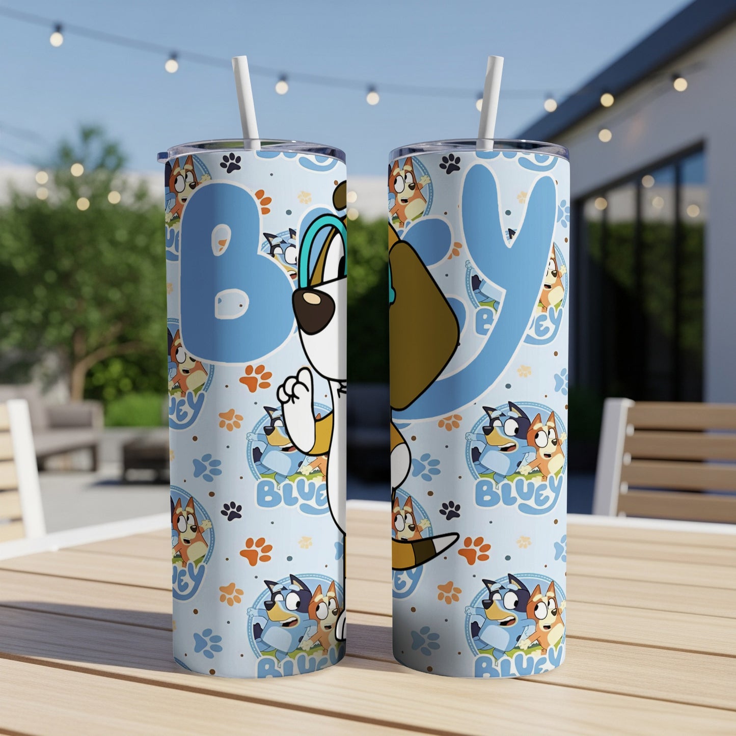 Bluey character design on a light blue tumbler with straw.