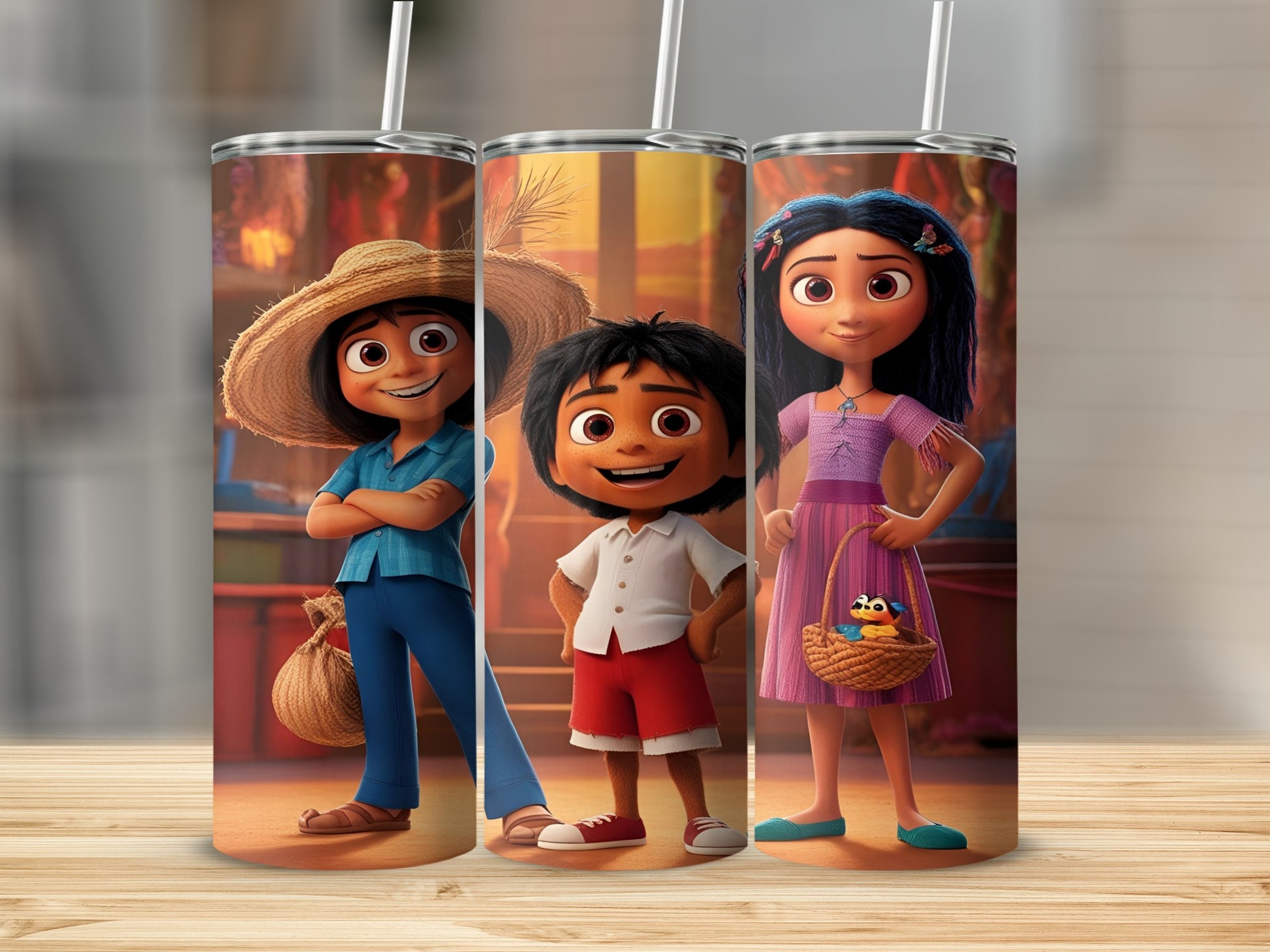 Three animated children stand smiling, two girls and one boy.
