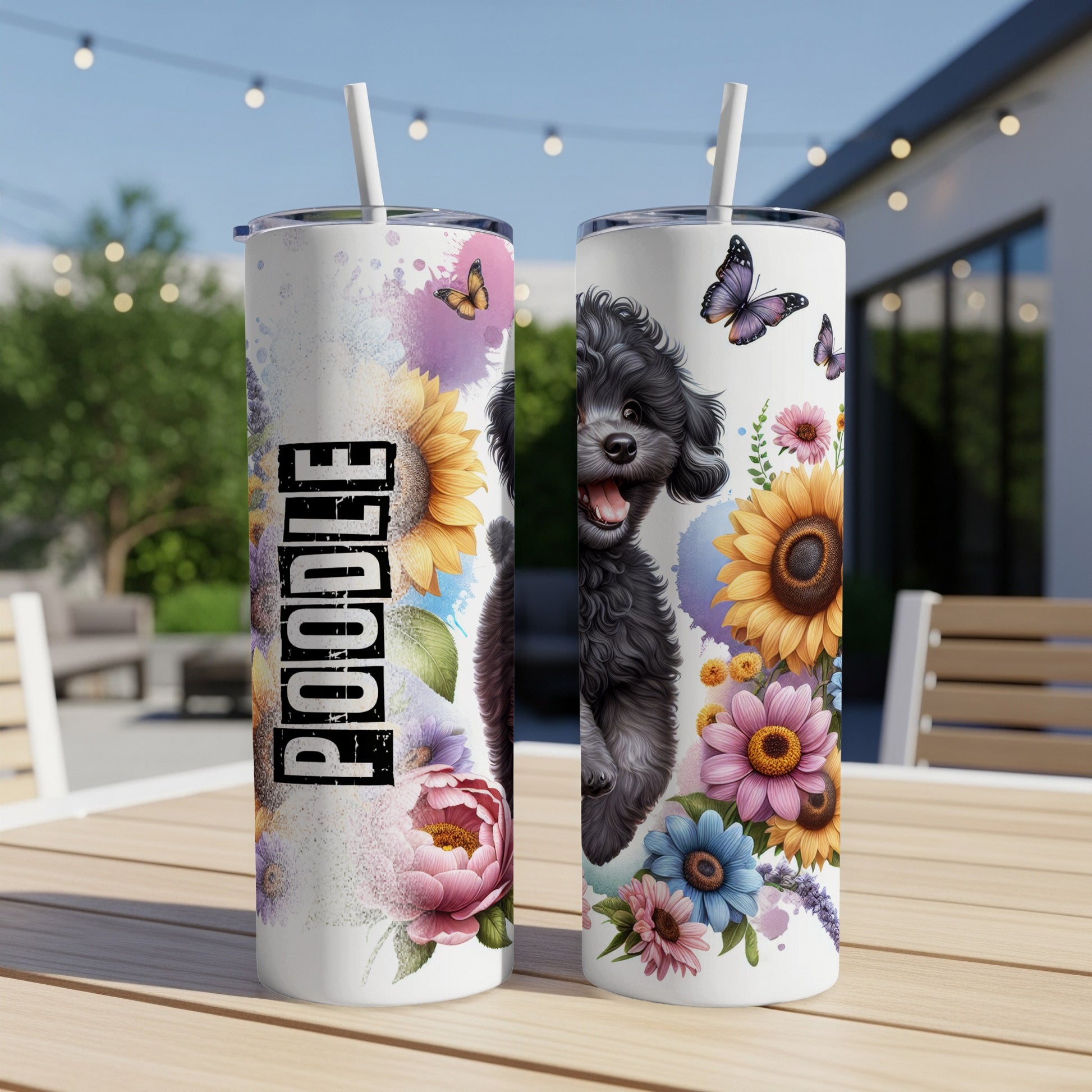 Black poodle on floral background, "POODLE" text on tumbler.