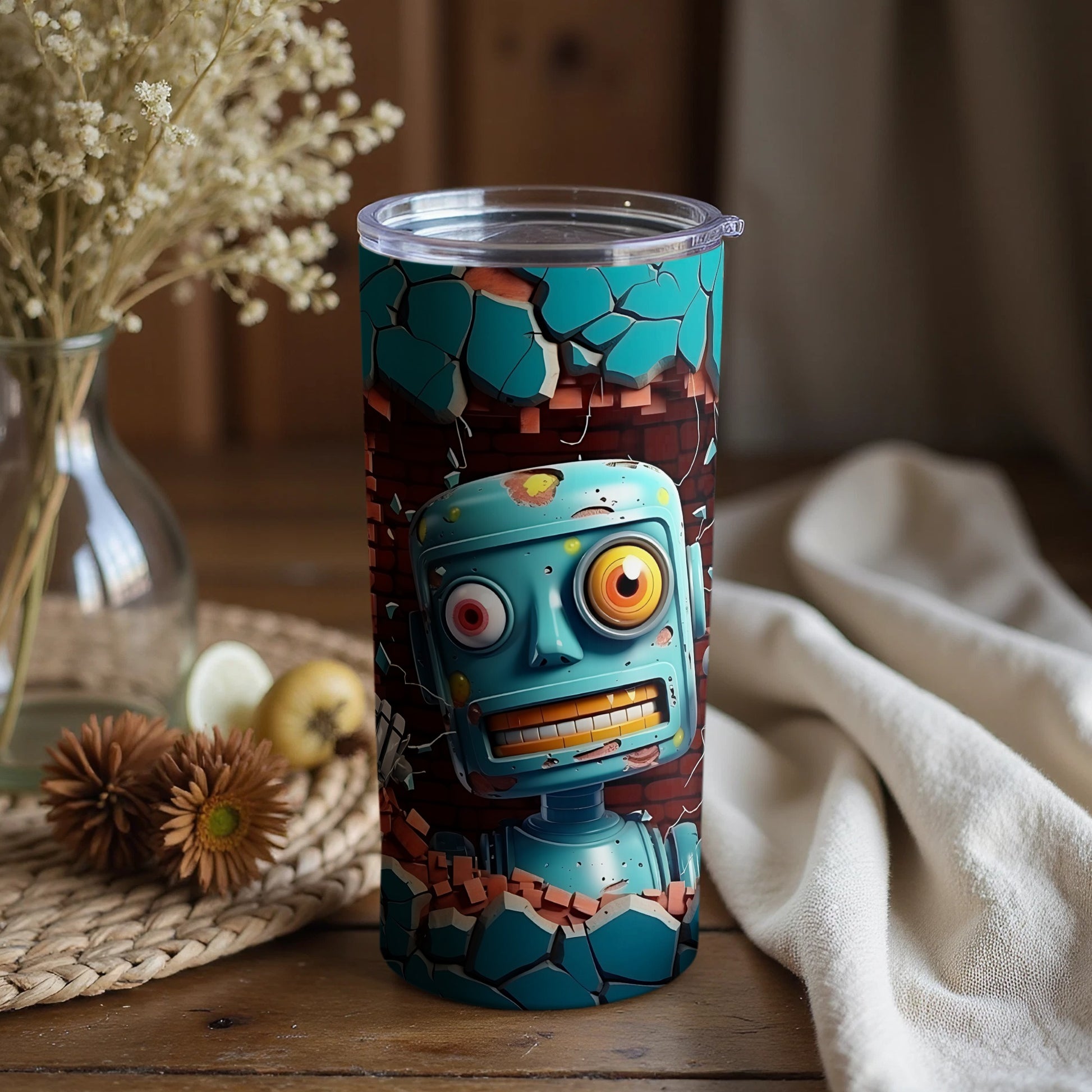 Colorful Brick Wall with Cute Robot Design Tumbler