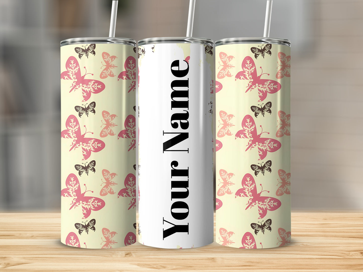 Personalized Pink Butterfly Pattern Tumbler with Straw
