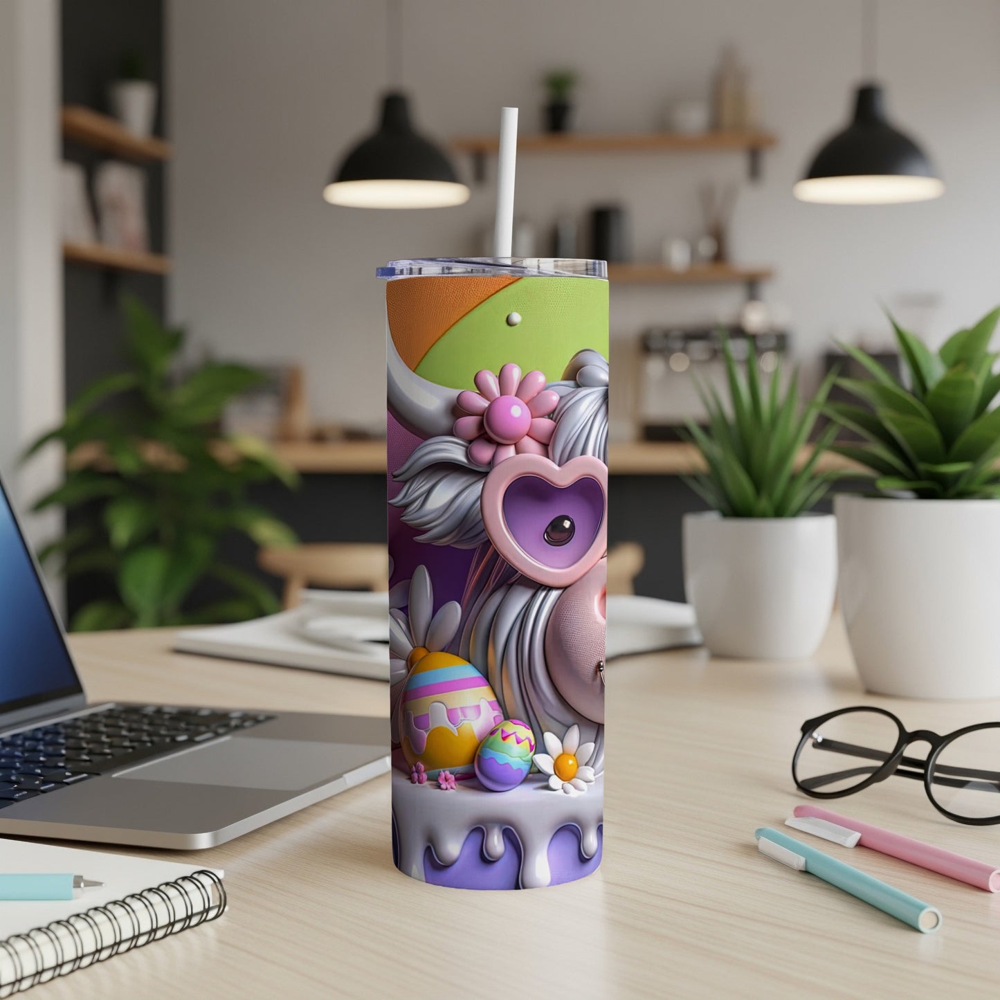 Pink and purple Easter-themed tumbler with colorful eggs and floral designs.