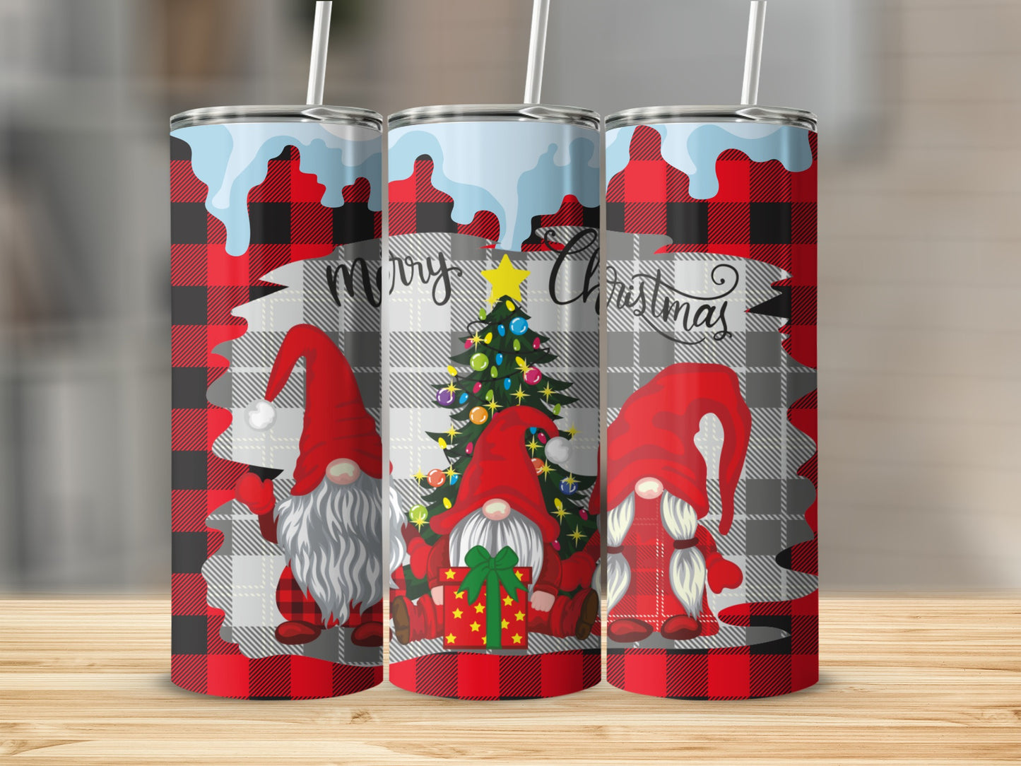Three Christmas gnomes with plaid pattern and tree, "Merry Christmas" text.
