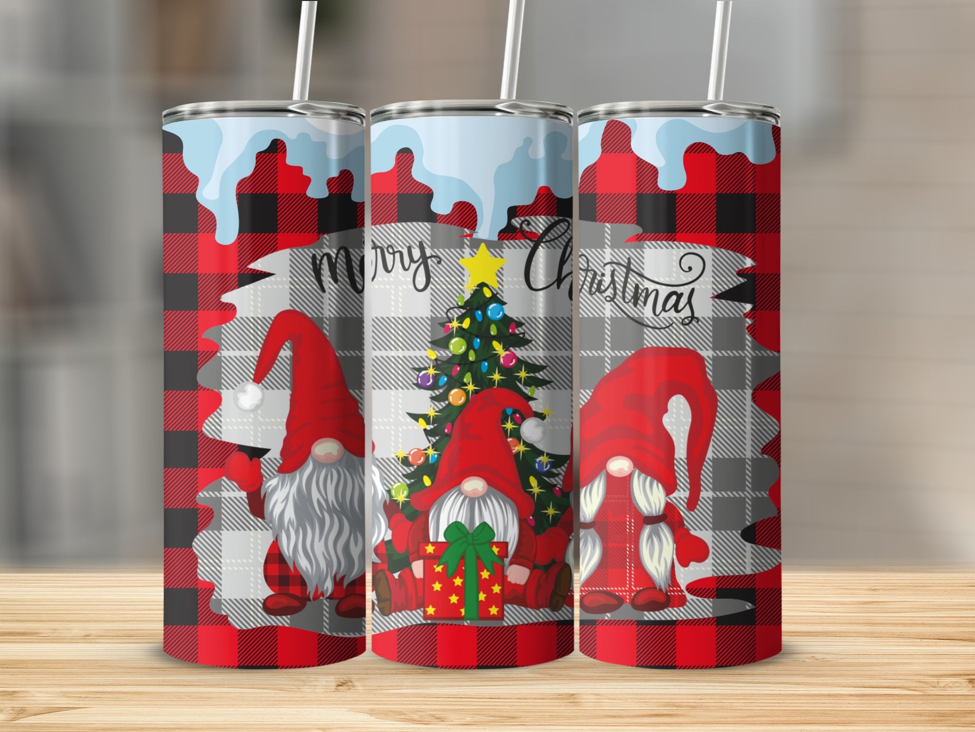 Three Christmas gnomes with plaid pattern and tree, "Merry Christmas" text.