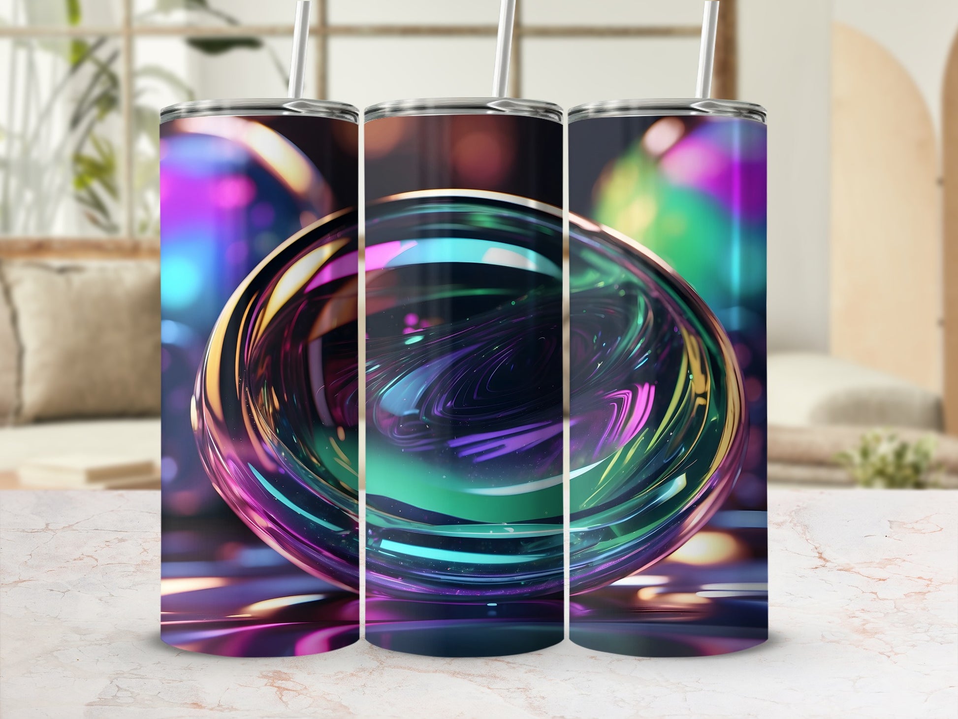 Three iridescent, swirling glass spheres with straws against a blurred background.