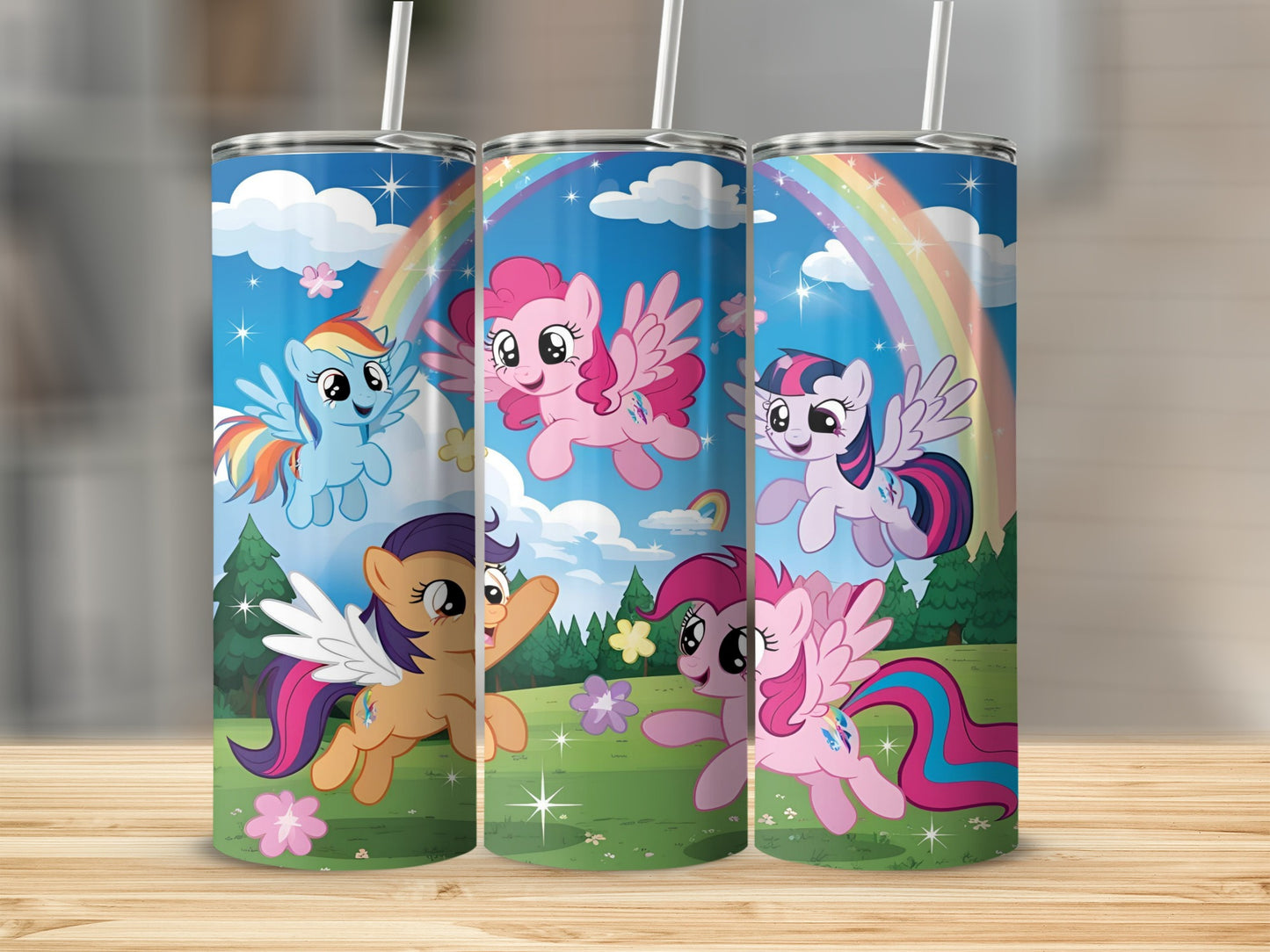 My Little Pony characters on a rainbow and cloud-filled background.