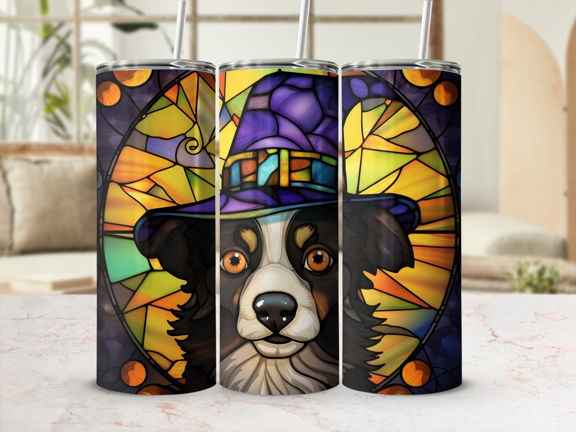 Stained glass tumbler featuring a dog wearing a witch's hat.