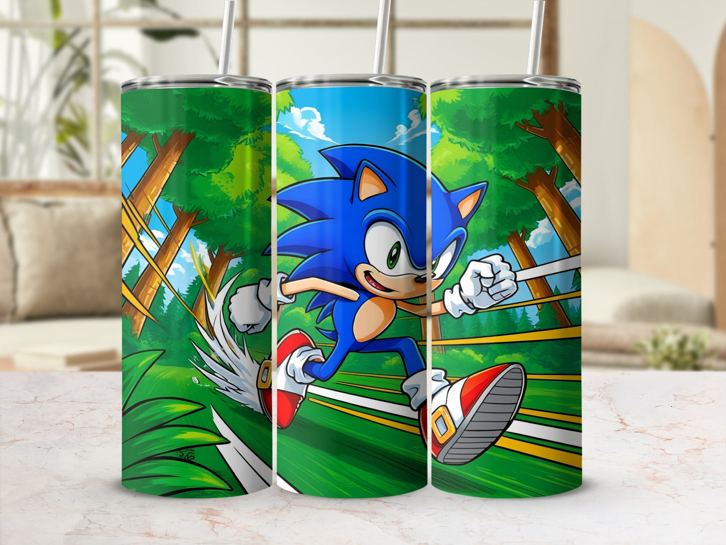 Sonic the Hedgehog running through a forest with a white stripe.