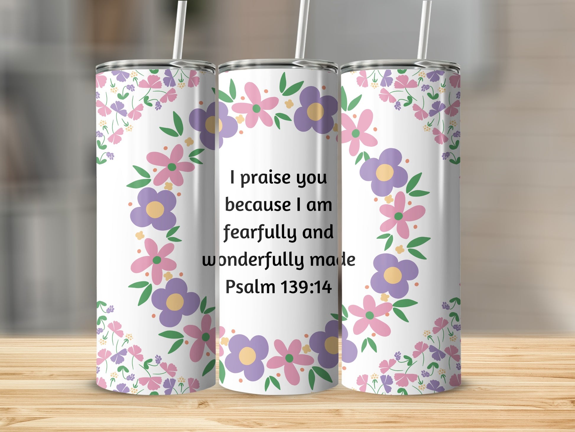 Inspirational Psalm 139:14 Floral Motivational Tumblers