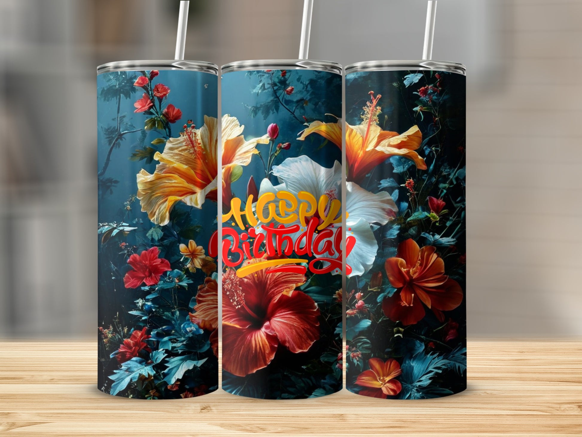 Floral birthday tumbler with vibrant hibiscus and text.