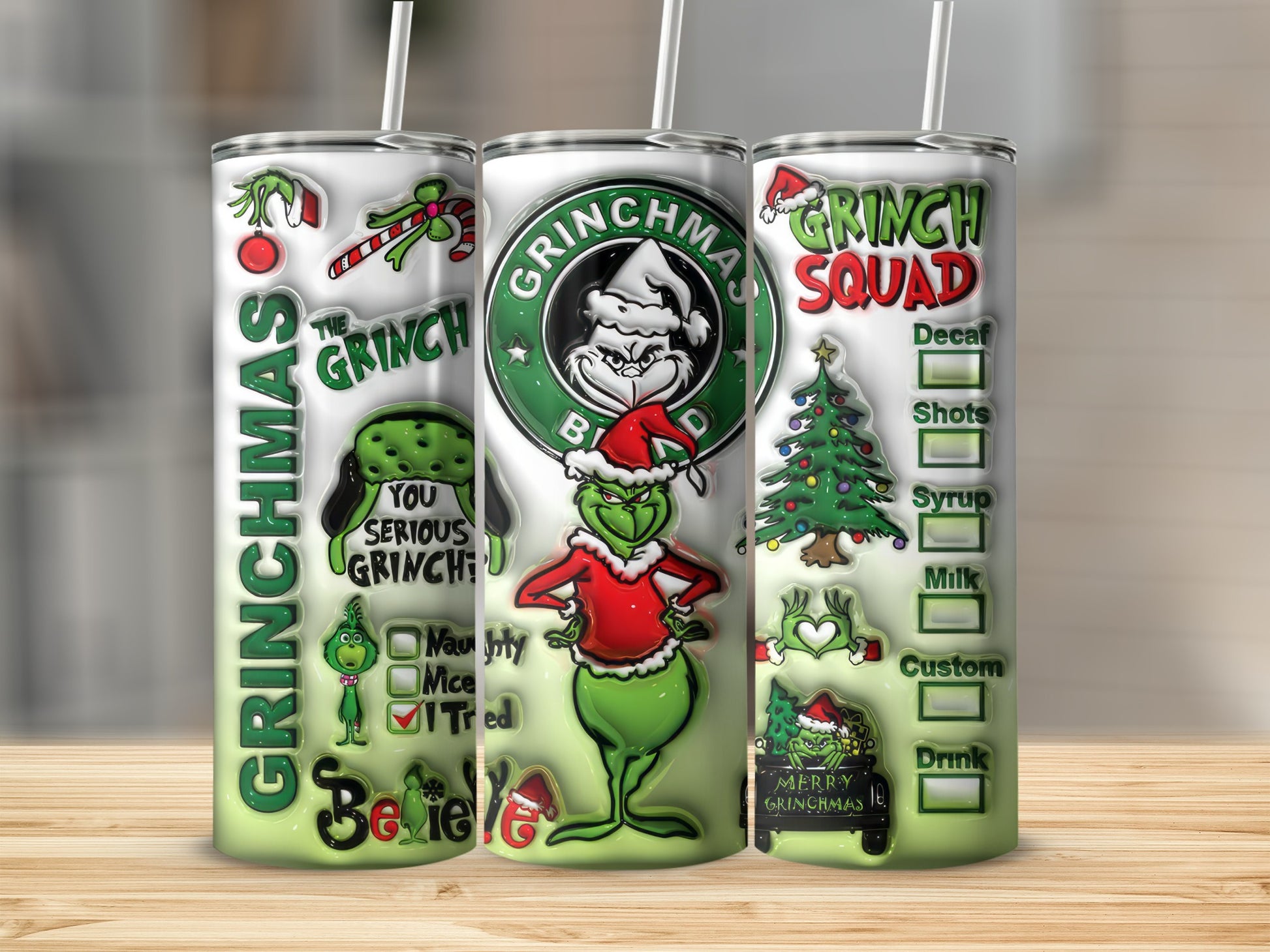 Grinchmas Theme Design Tumbler with Various Phrases