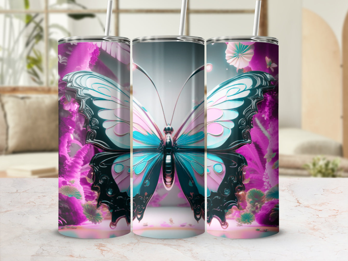 Large butterfly with purple floral background on a slim tumbler.