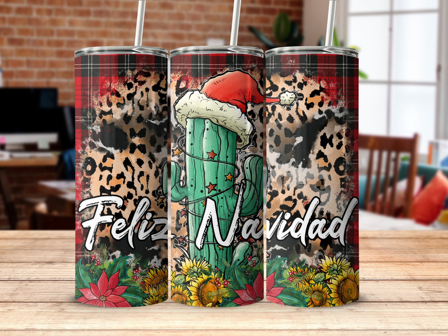 Green cactus with Santa hat and sunflowers, "Feliz Navidad" text.