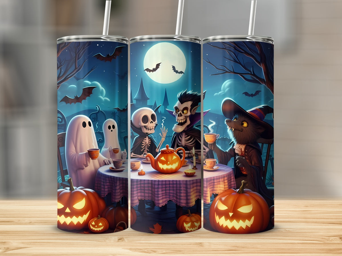 Halloween themed tumbler with ghosts, skeletons, vampire, and witch characters at a tea party.