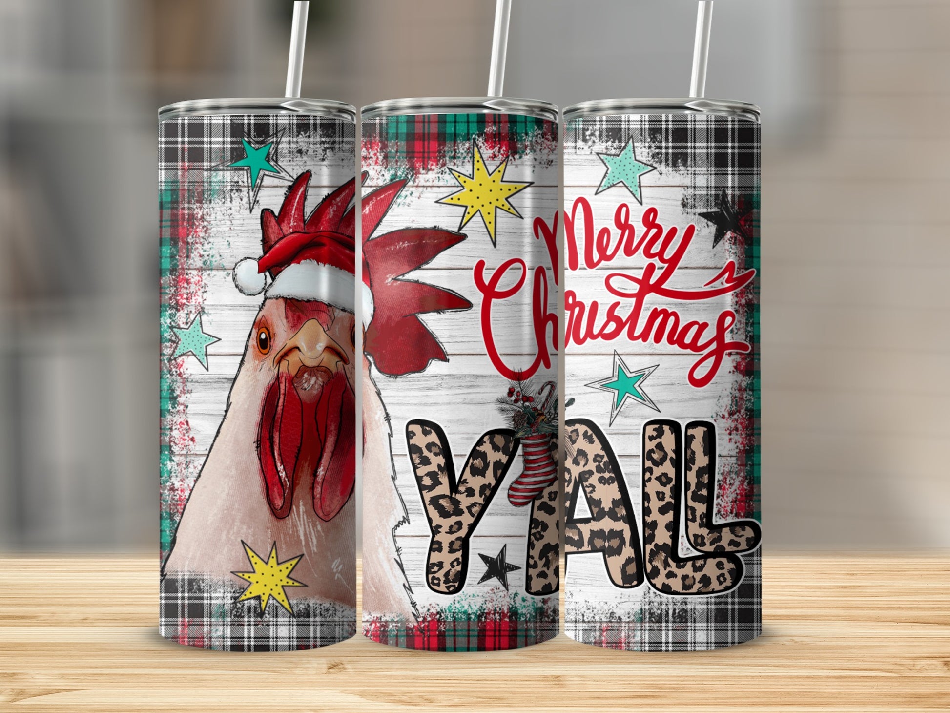 Tumbling rooster with Santa hat and "Merry Christmas Y'all" text.