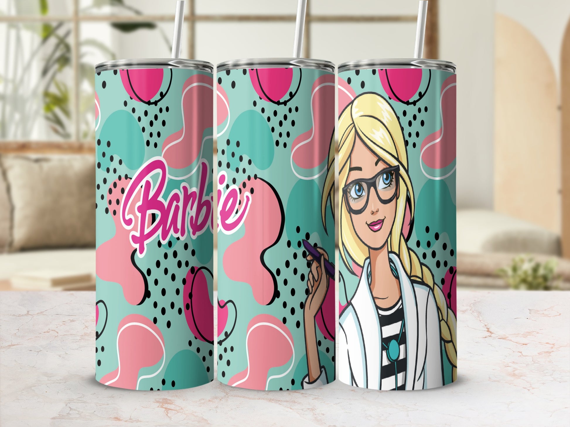 Barbie tumbler with illustration of Barbie and pink abstract shapes.