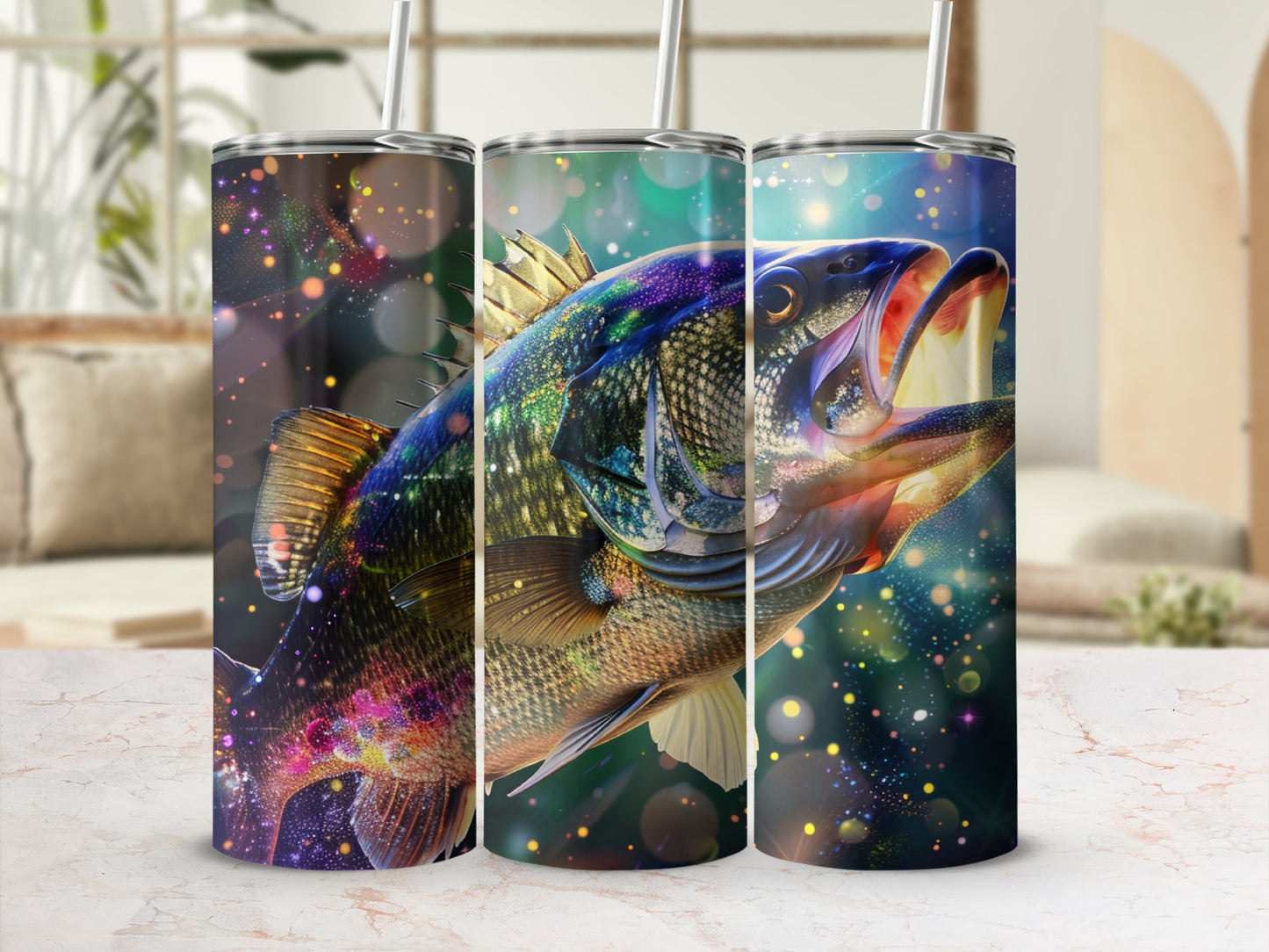 Colorful bass leaping from starry water on a tumbler.