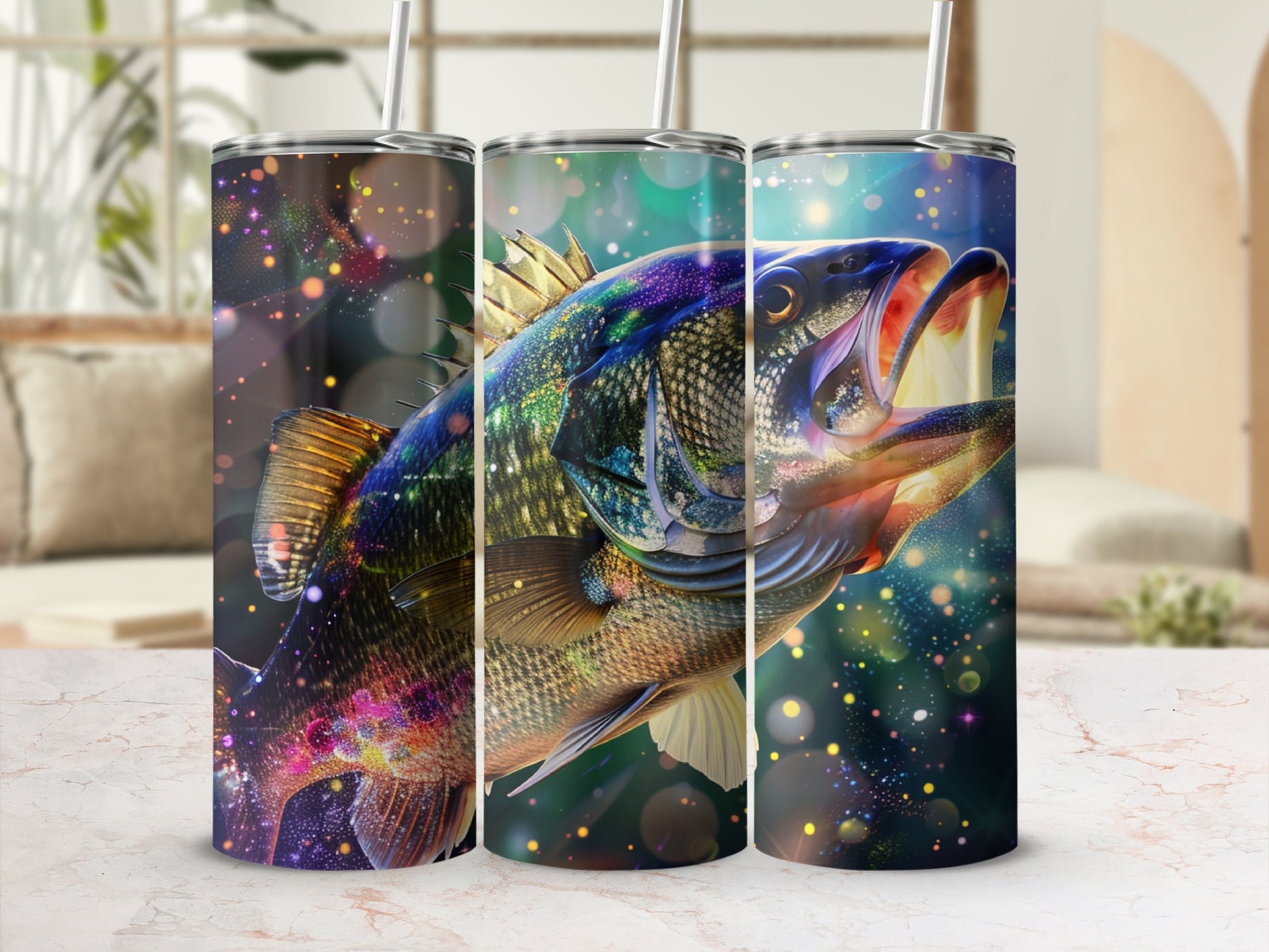 Colorful bass leaping from starry water on a tumbler.