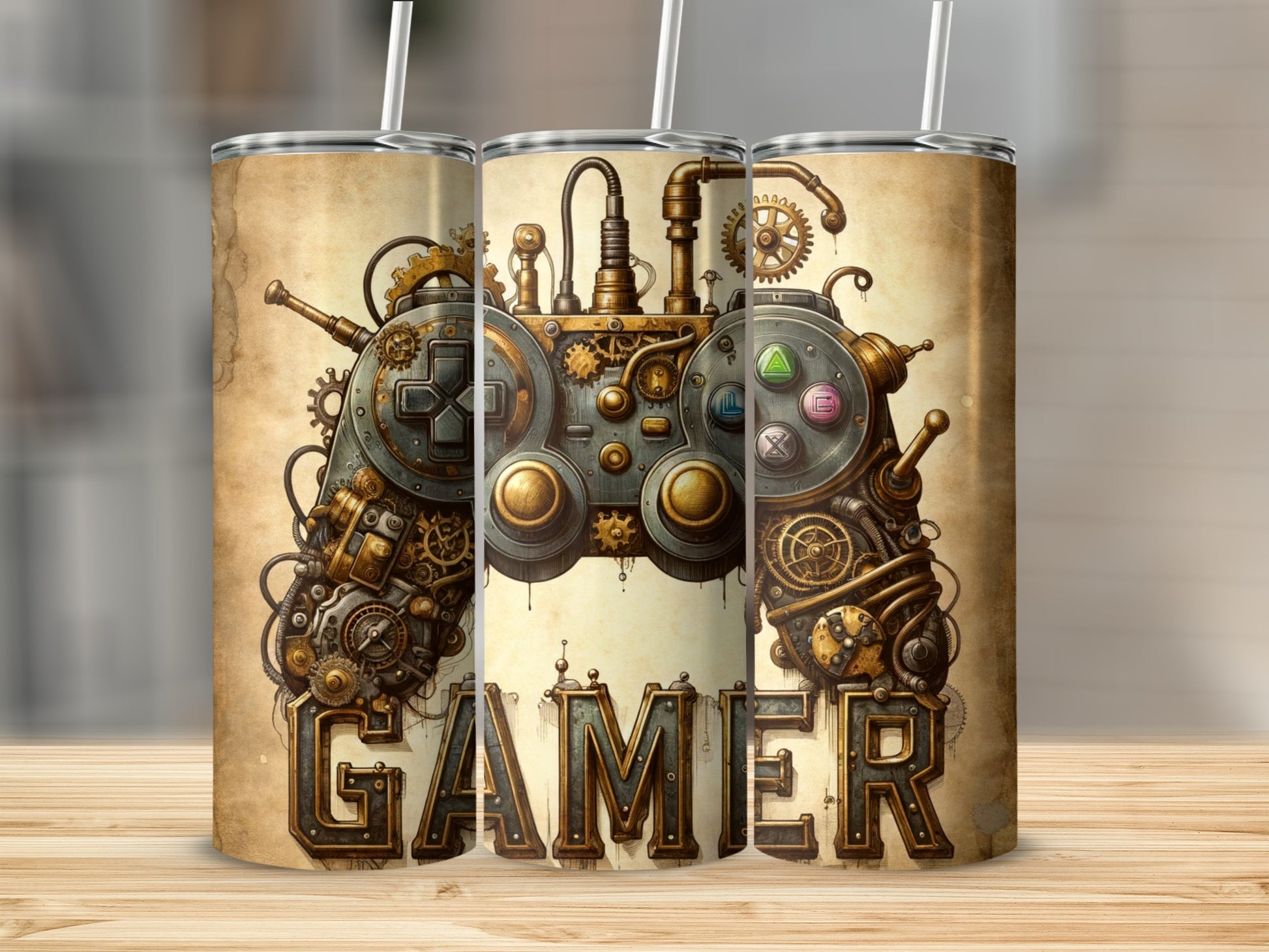 Steampunk video game controller with "GAMER" text on a tumbler.