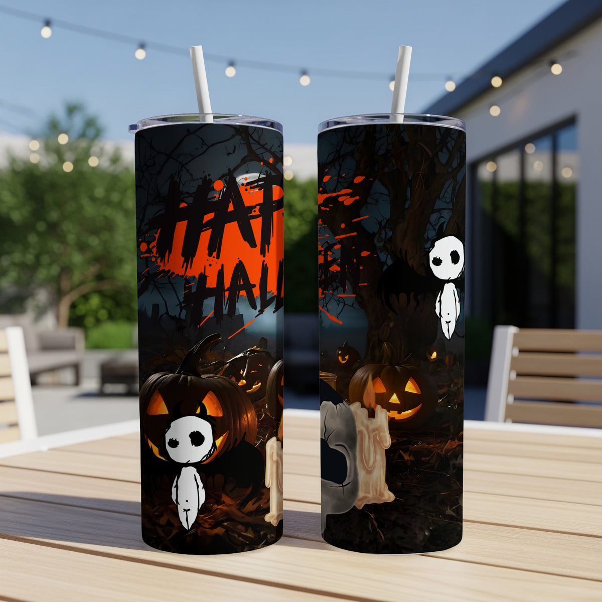 Halloween tumblers with pumpkins, a candle, and a ghost character.