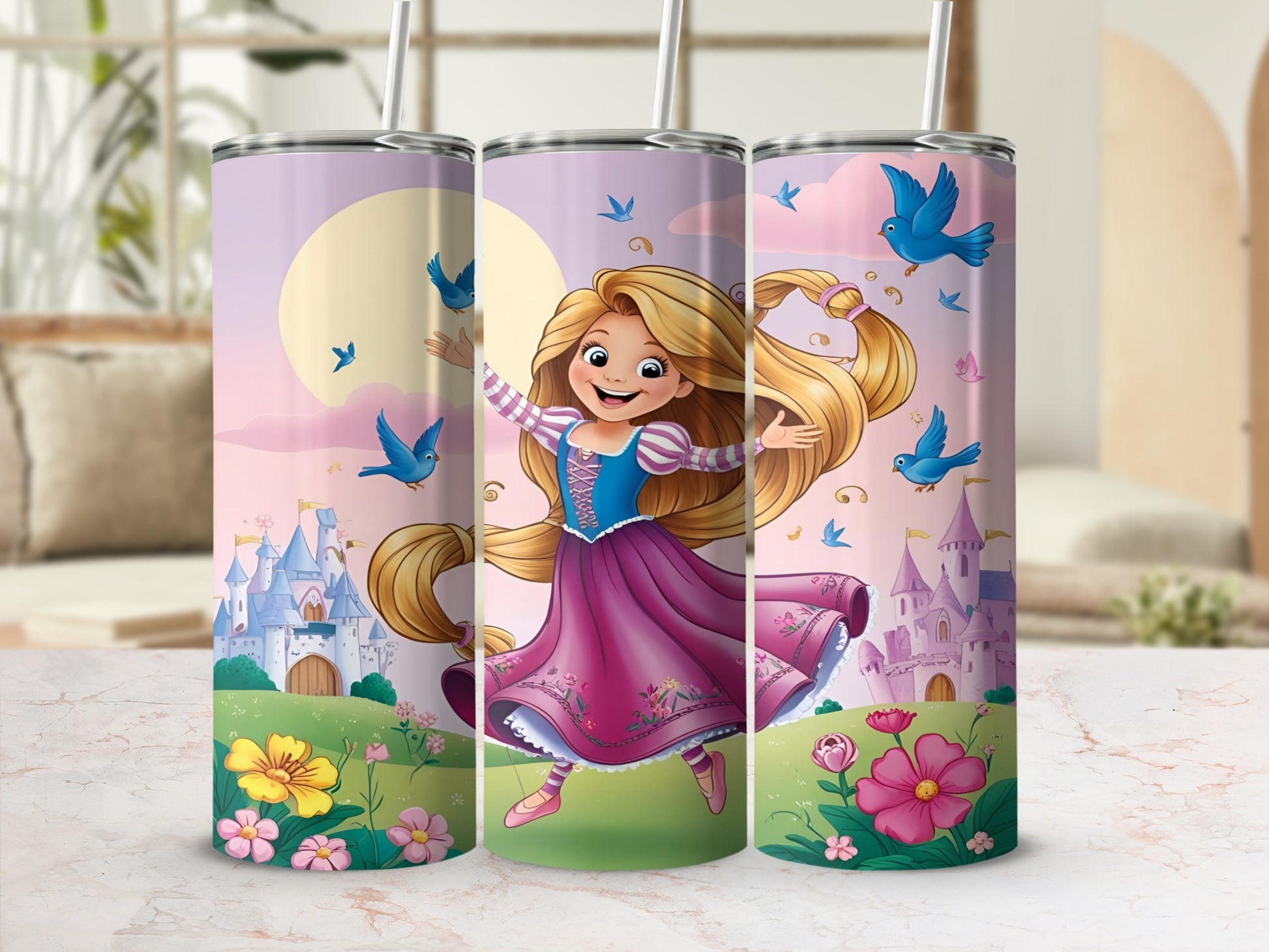 Rapunzel with castles and birds on a pink and yellow patterned tumbler.