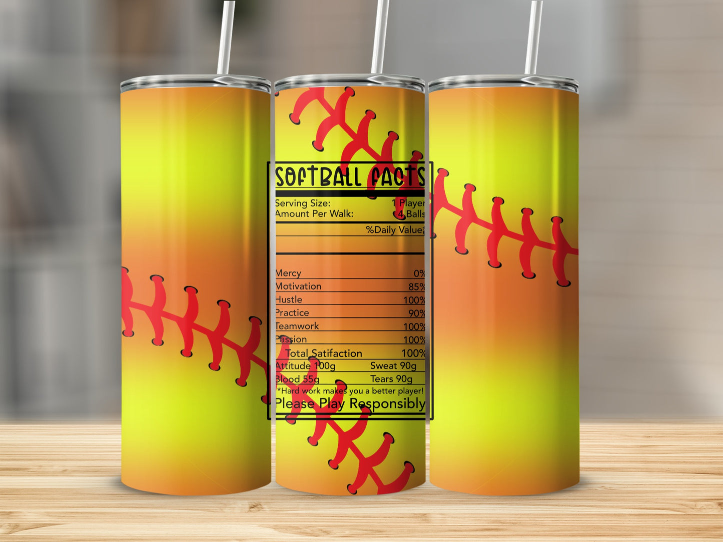 Tumbler with "Softball Facts" graphic and a list of softball-related statistics.