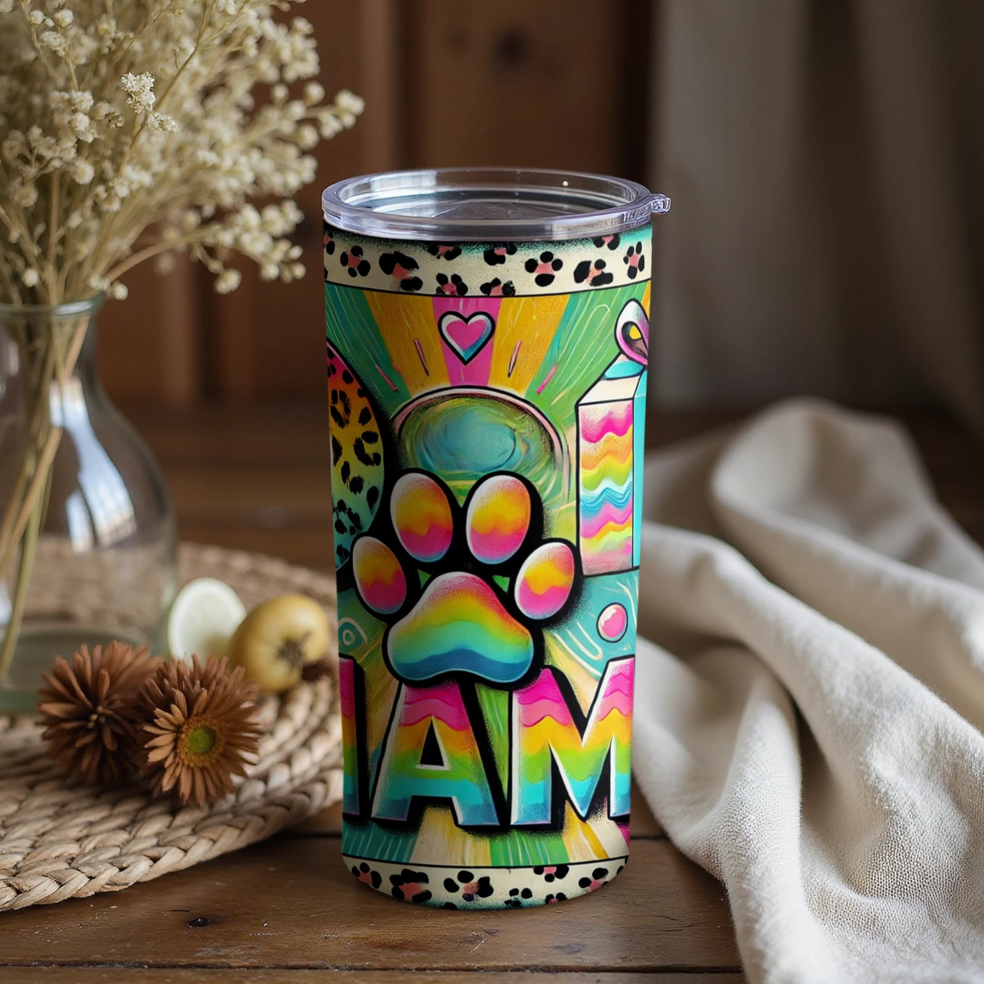 Colorful Paw Print Design Travel Tumbler Product
