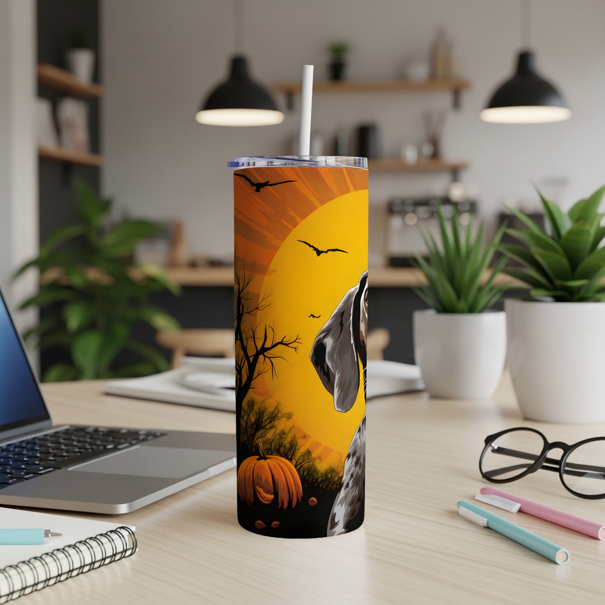 Tumbler with German Shorthaired Pointer, pumpkin, and bats on Halloween theme.