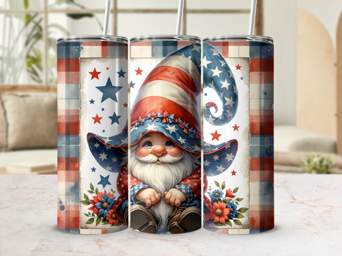 Gnome with American flag hat and plaid pattern on tumbler.