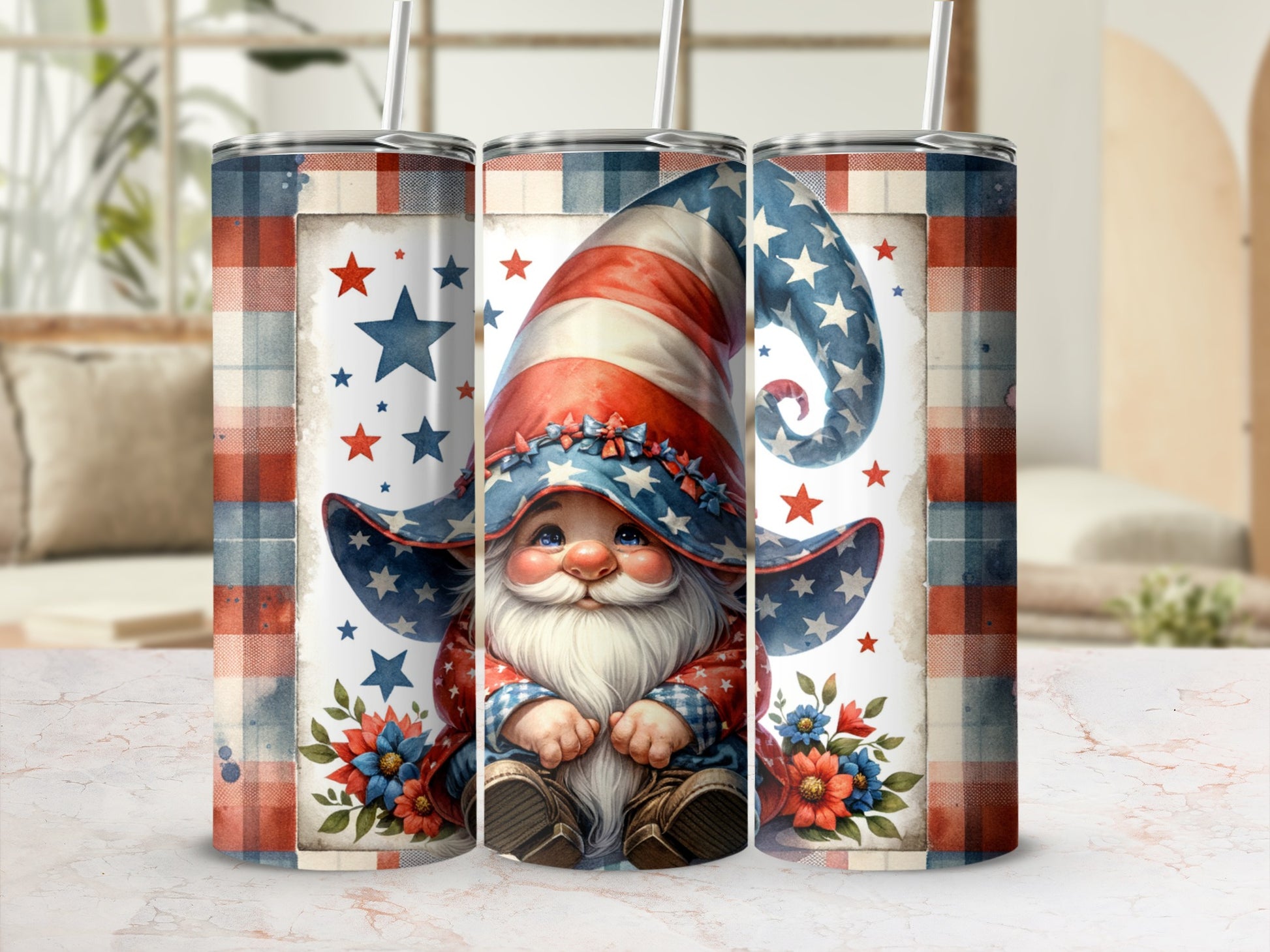 Gnome with American flag hat and plaid pattern on tumbler.