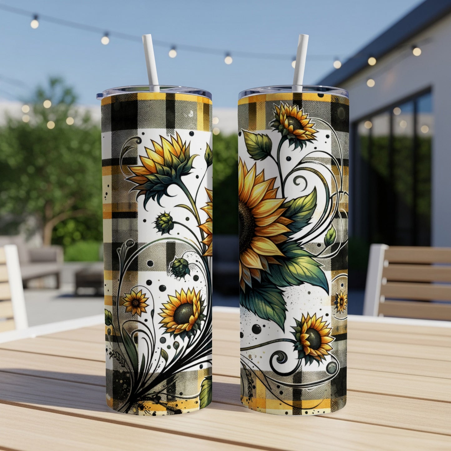 Two tall sunflowers on plaid tumblers with straws on a patio table.