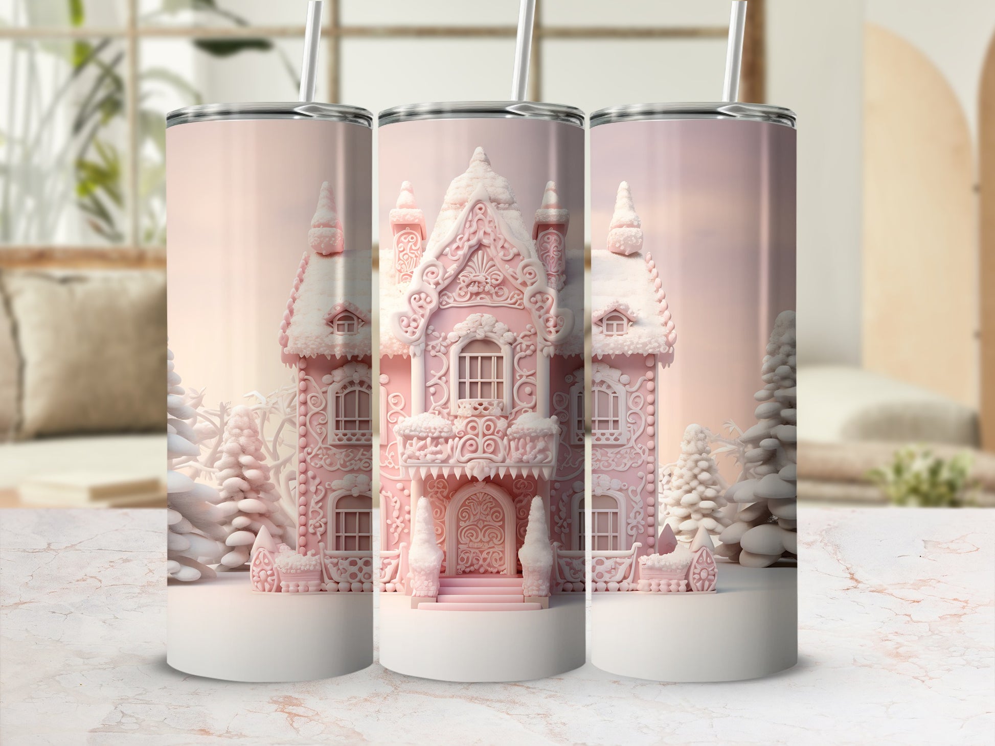 Pink gingerbread house with frosted details and snow-covered trees.