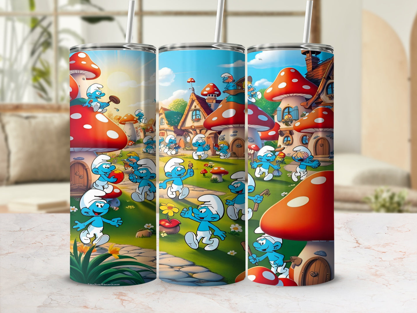 Smurfs in a village with mushroom houses and flowers.