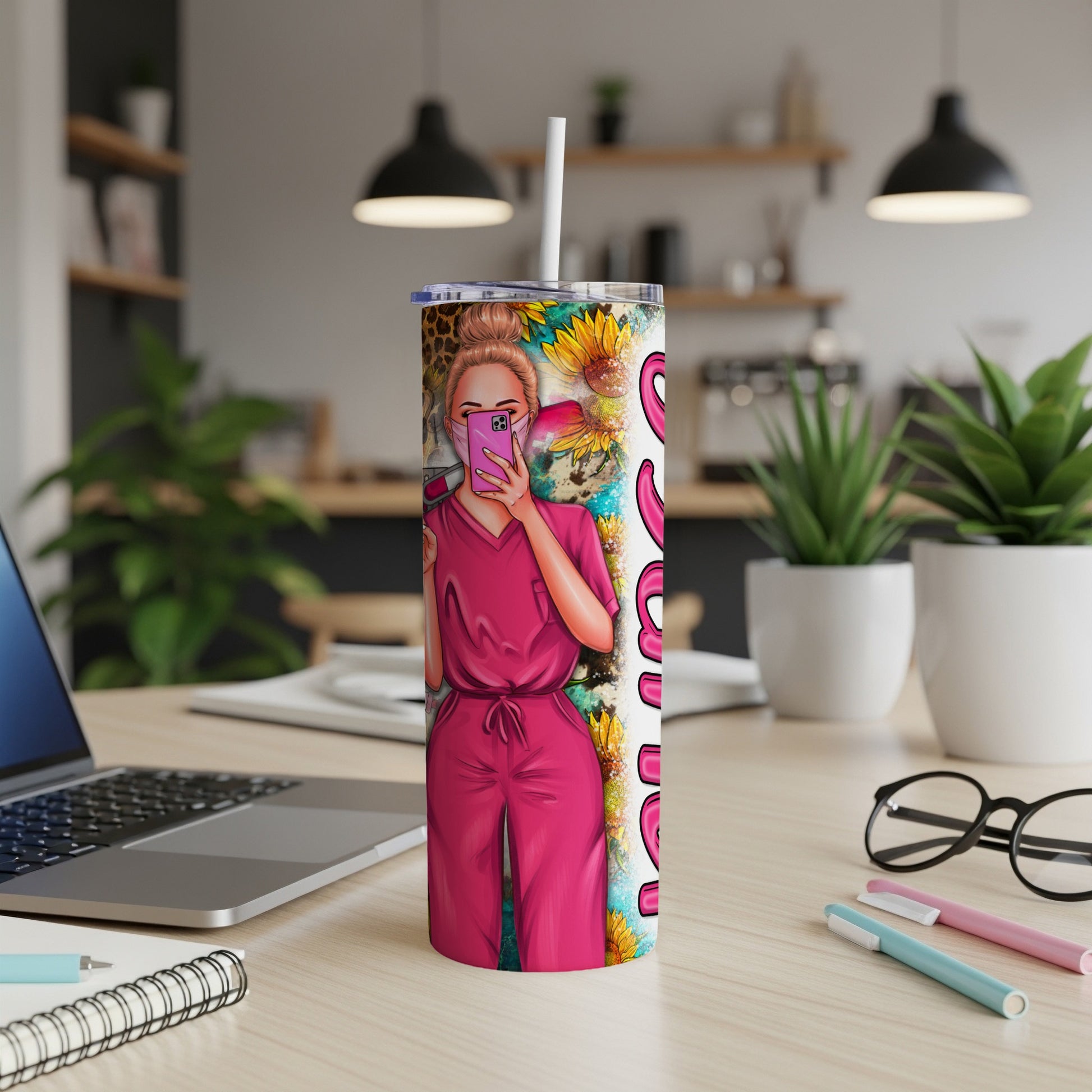 Tumbler with a nurse holding a phone, sunflowers, and leopard print.
