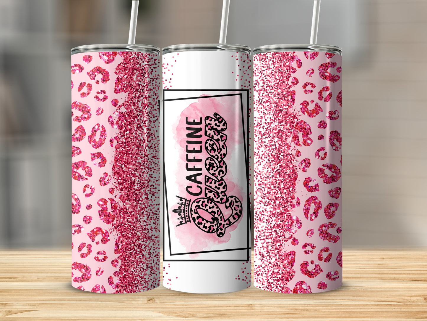 Pink leopard print tumbler with "Caffeine Queen" text and crown graphic.