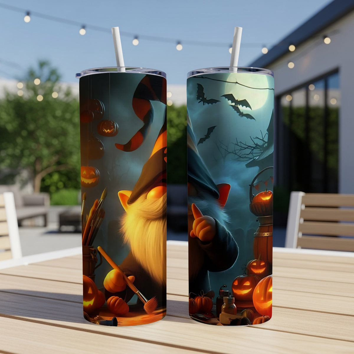 Two tumblers with Halloween gnome and pumpkin designs.