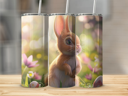 Easter bunny tumbler with flowers and Easter eggs, springtime bokeh background.
