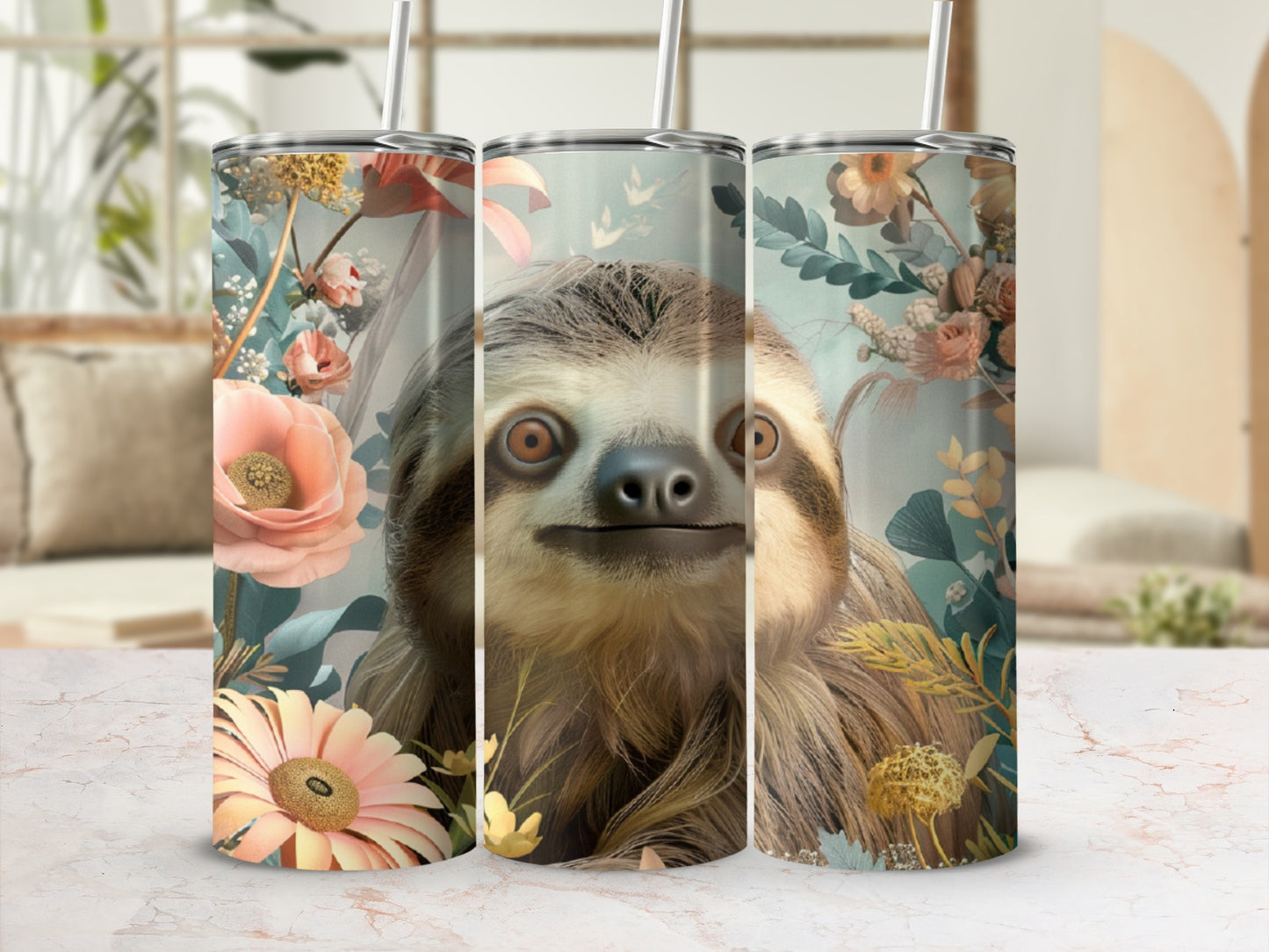 Sloth face with flowers on a tumbler.