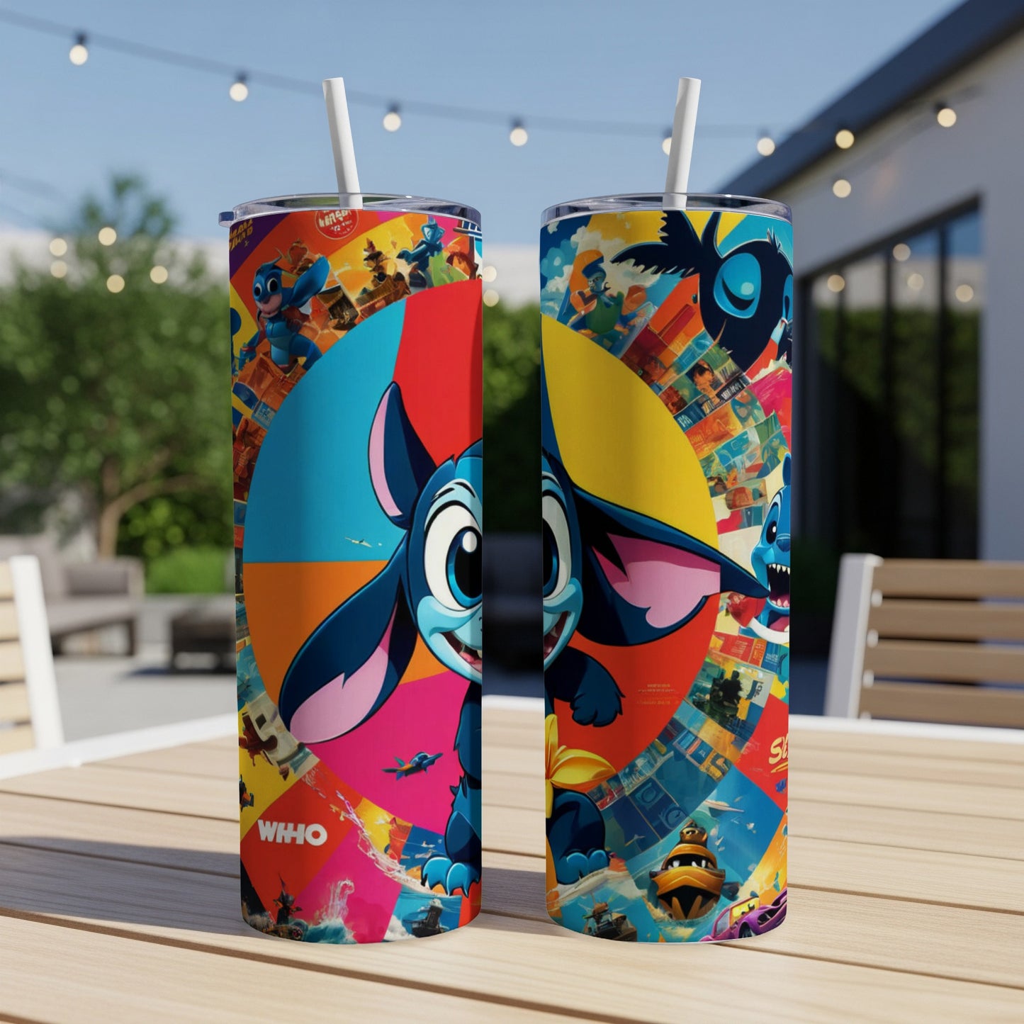Two Stitch tumblers with colorful, cartoon-like character art and text.