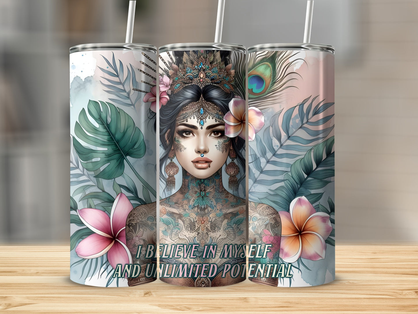 Tattooed woman with crown and peacock feathers, text "I BELIEVE IN MYSELF AND UNLIMITED POTENTIAL."