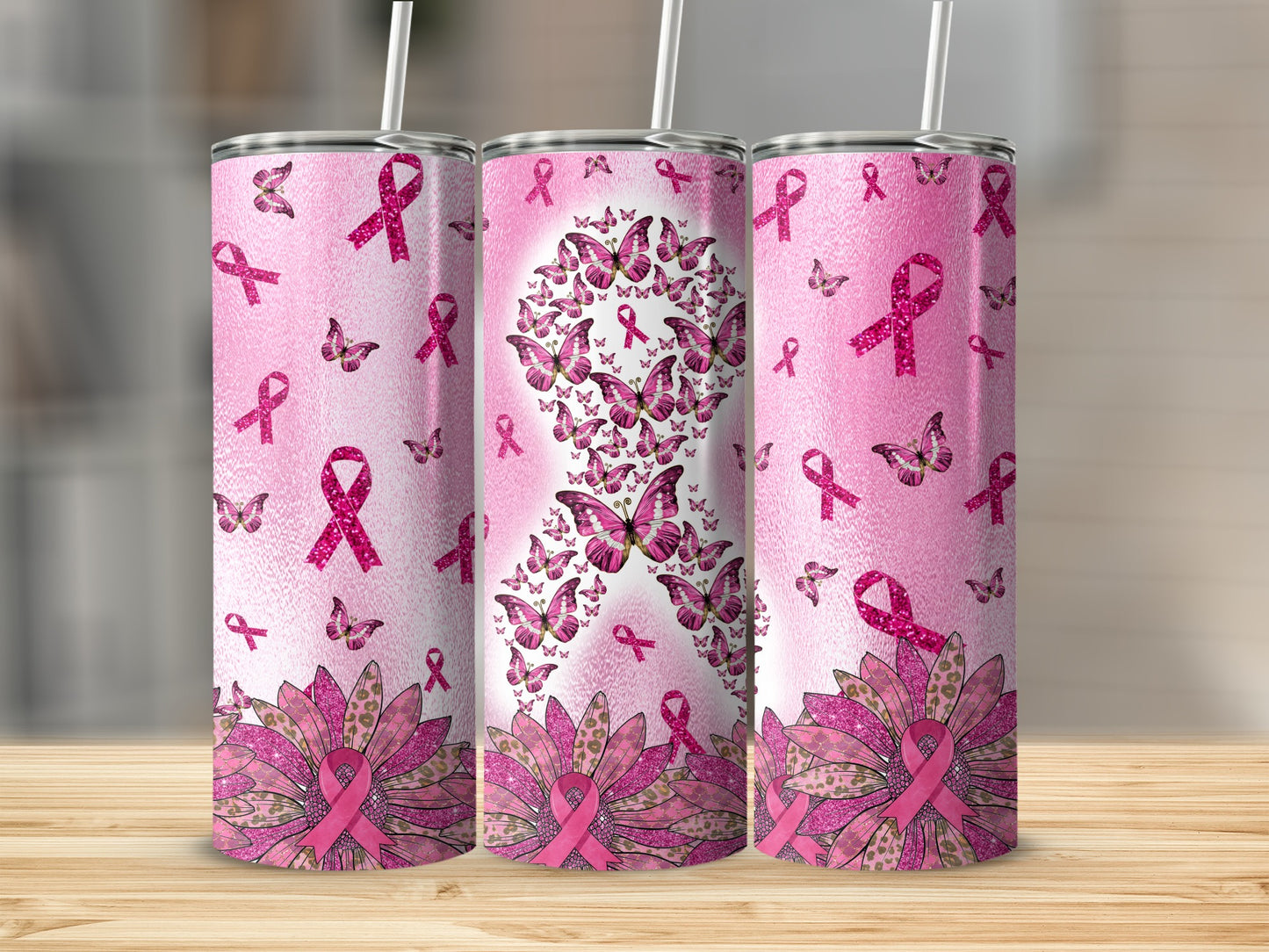 Pink glitter tumbler with breast cancer awareness ribbons and butterfly design.