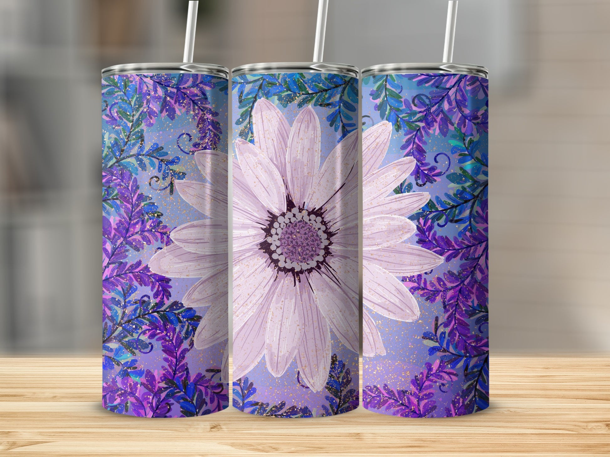 Purple Floral Design Insulated Tumbler with Straw