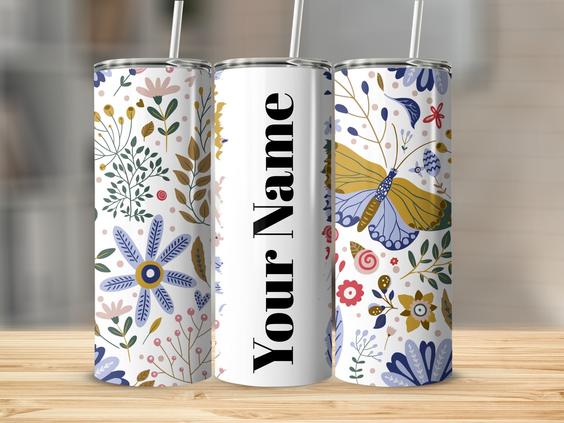 Personalized Floral and Butterfly Tumbler with Straw