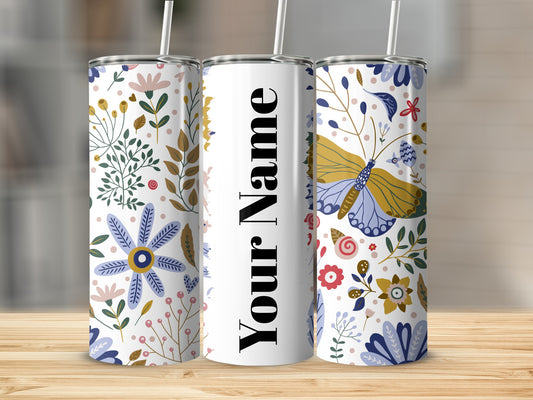 Personalized Floral and Butterfly Tumbler with Straw