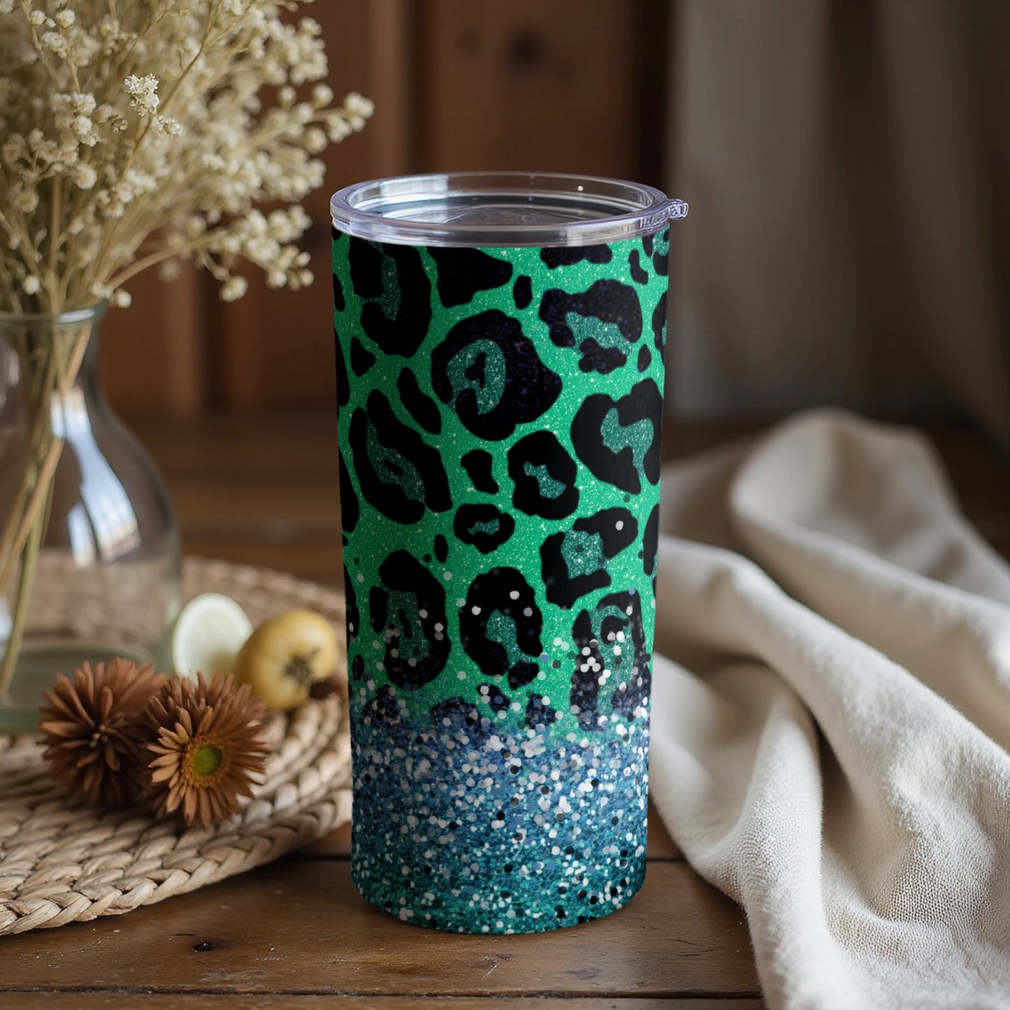 Glitter Green Leopard Print Tumbler with Lid