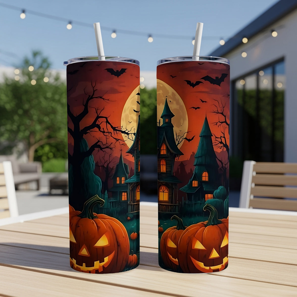 Two Halloween-themed tumblers with jack-o'-lanterns and haunted houses on an outdoor table.