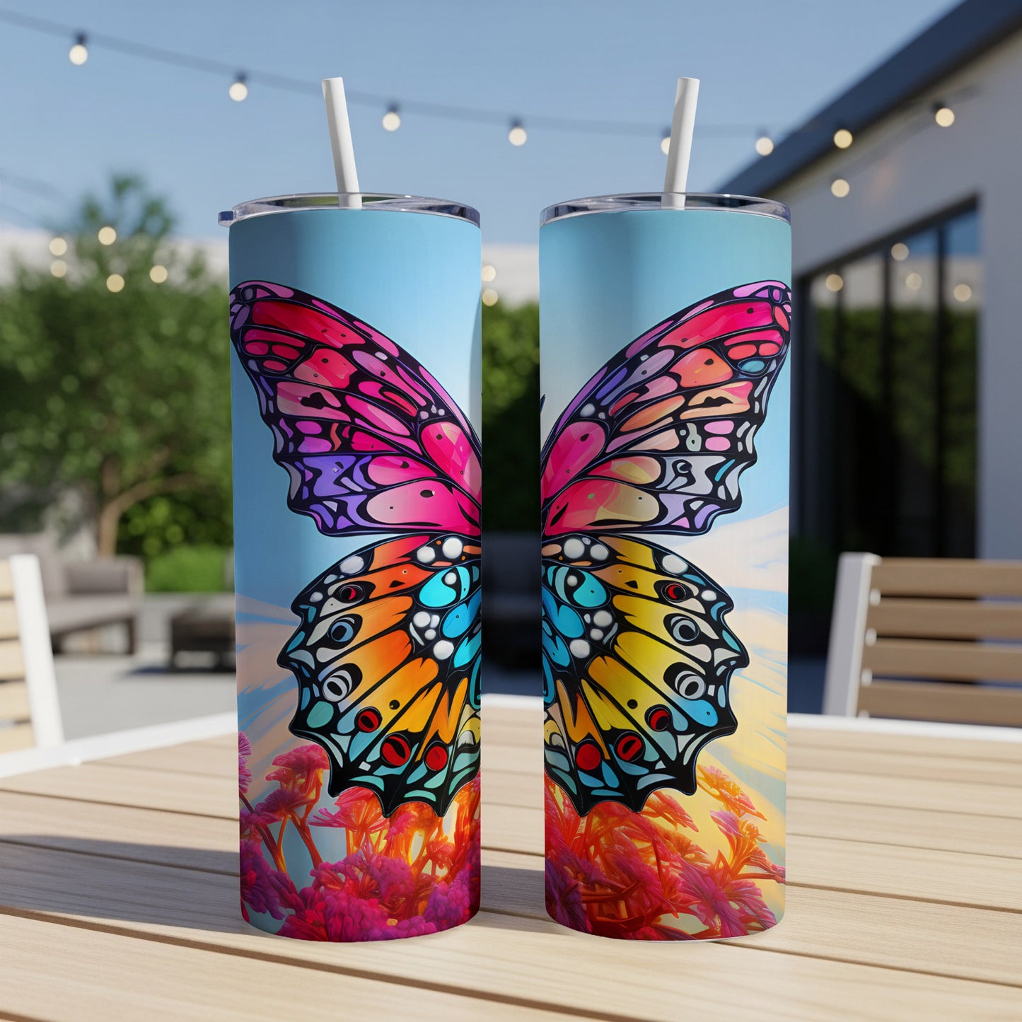 Two skinny tumblers with colorful butterfly wings on a wooden table.
