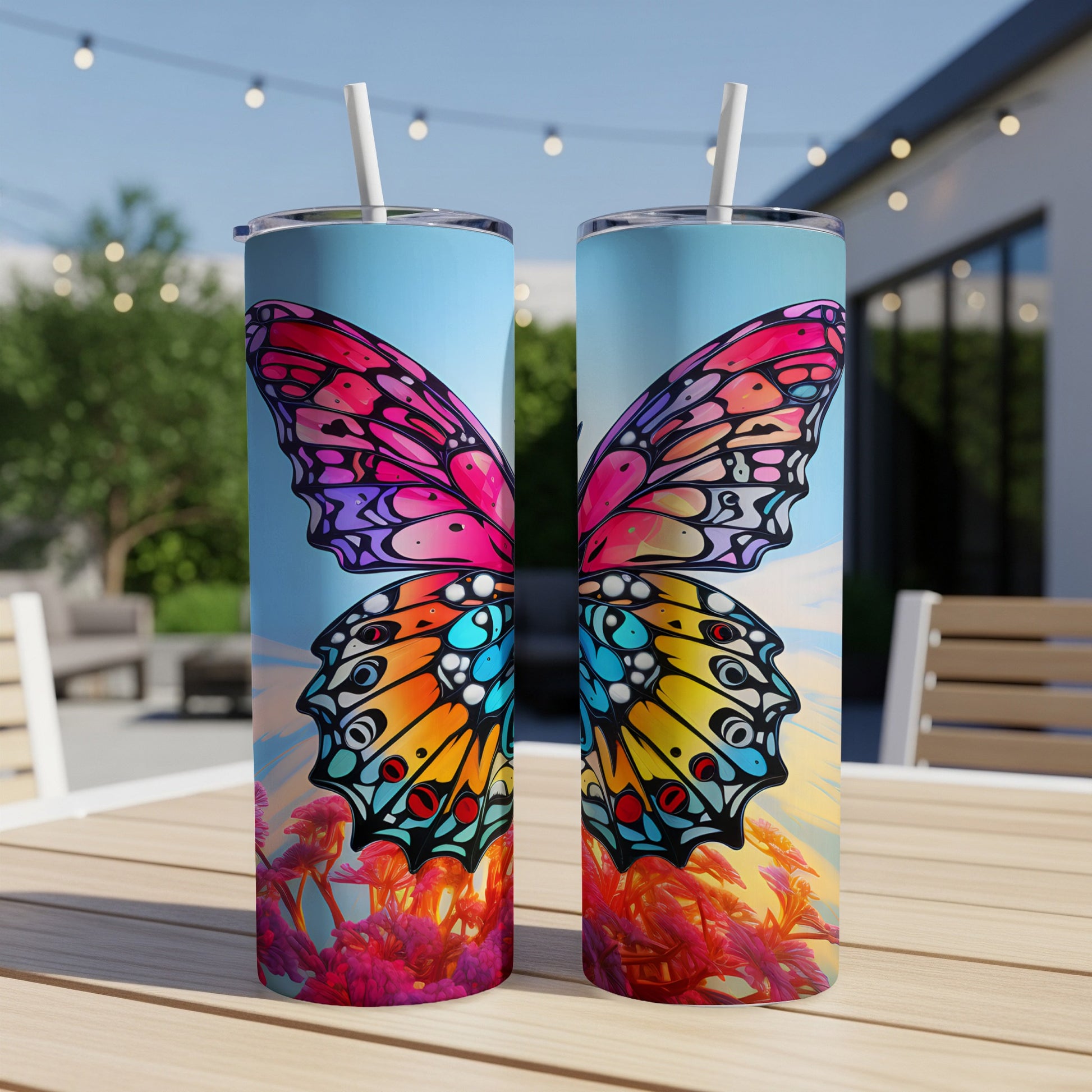 Two skinny tumblers with colorful butterfly wings on a wooden table.